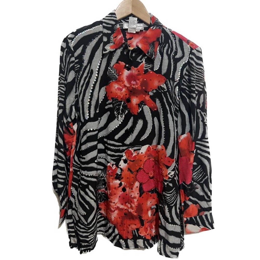 *NWT Vintage Diane Gilman 100% Silk Flowers Red Black And Gray Size M